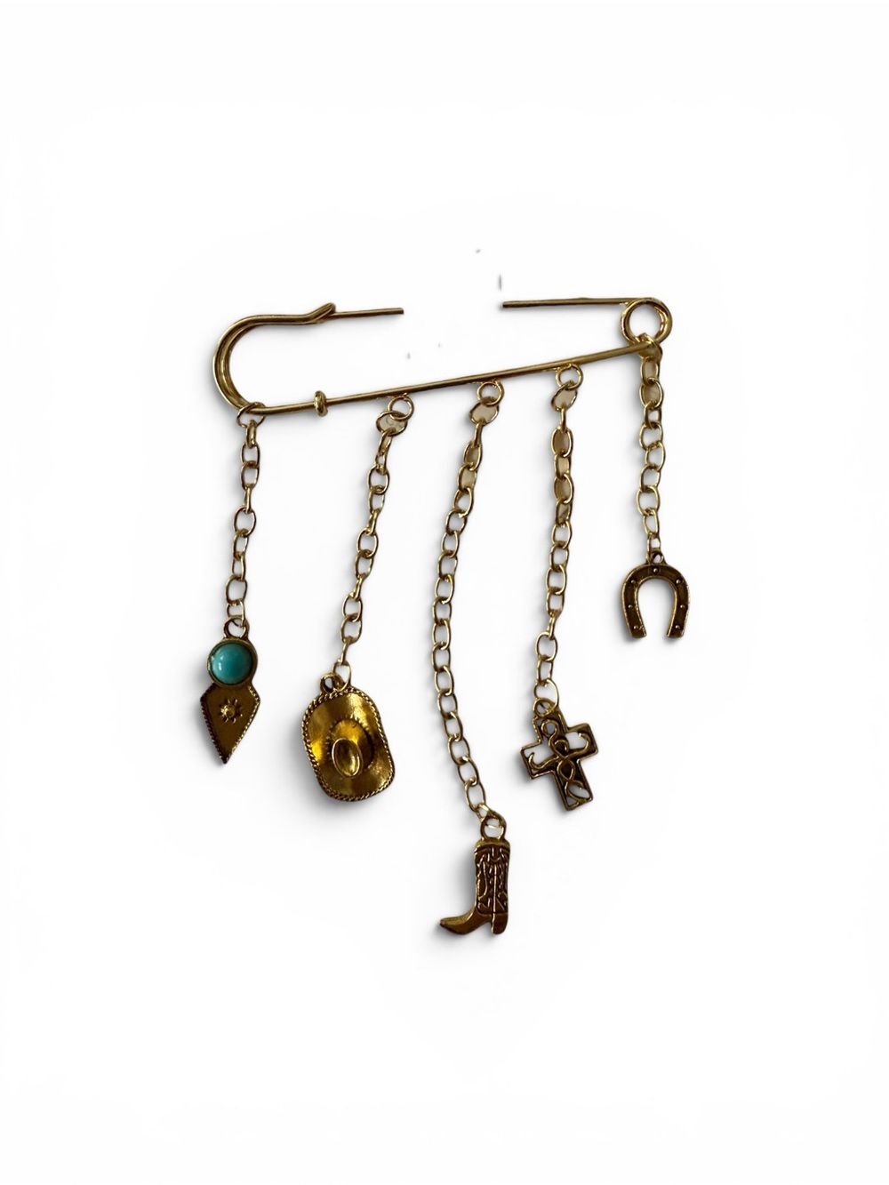 Mint Gold Western Charm Safety Pin Brooch with Turquoise Accent